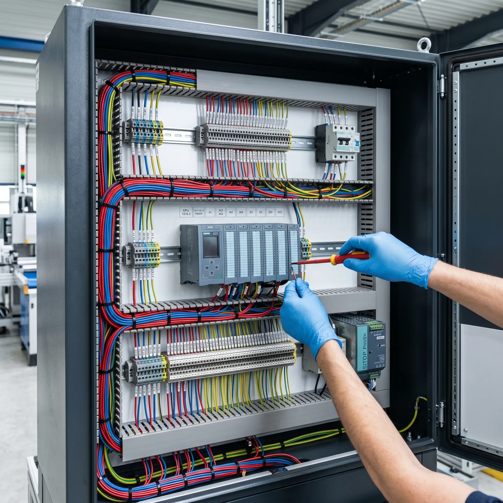 Industrial control cabinet wiring and assembly