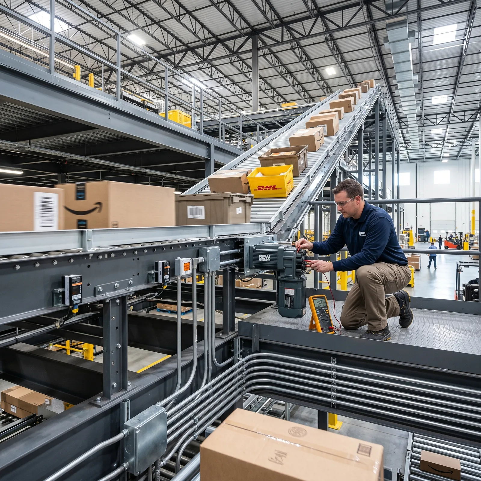 Conveyor line and warehouse intralogistics electrical installation